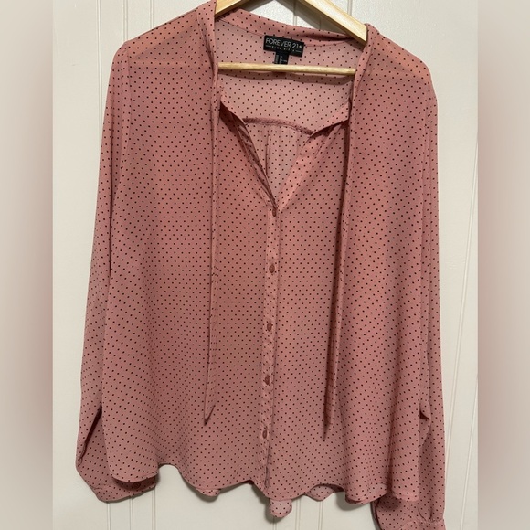 2X Pink and Black Polka Dot Tie Neck Long Sleeve Blouse - Picture 2 of 7